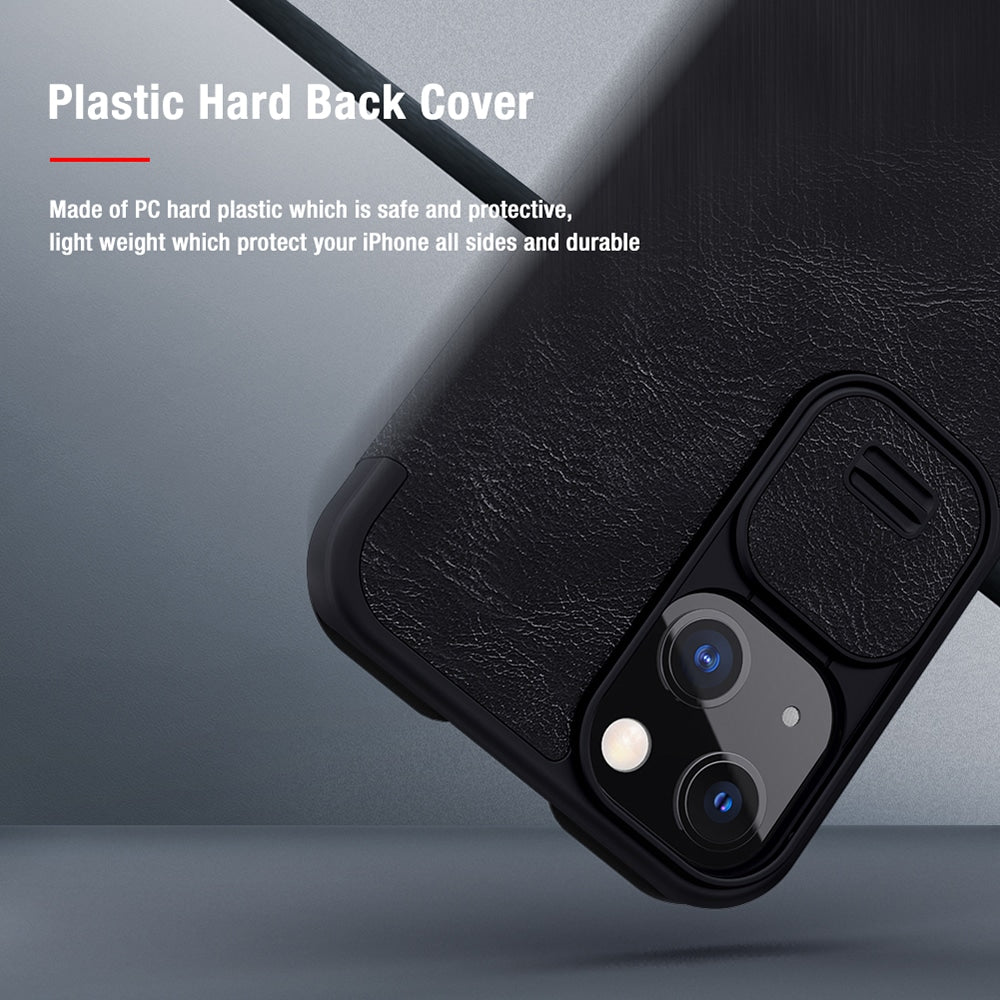 Nillkin Qin Leather Pro preklopna torbica z zaščito za kamero za iPhone 13 - rjava