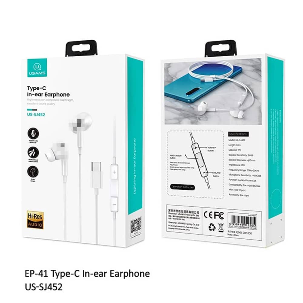 USAMS - Stereo slušalke EP-41 (US-SJ452) - In-ear, Type-C z mikrofonom, 1,2 m - Bele