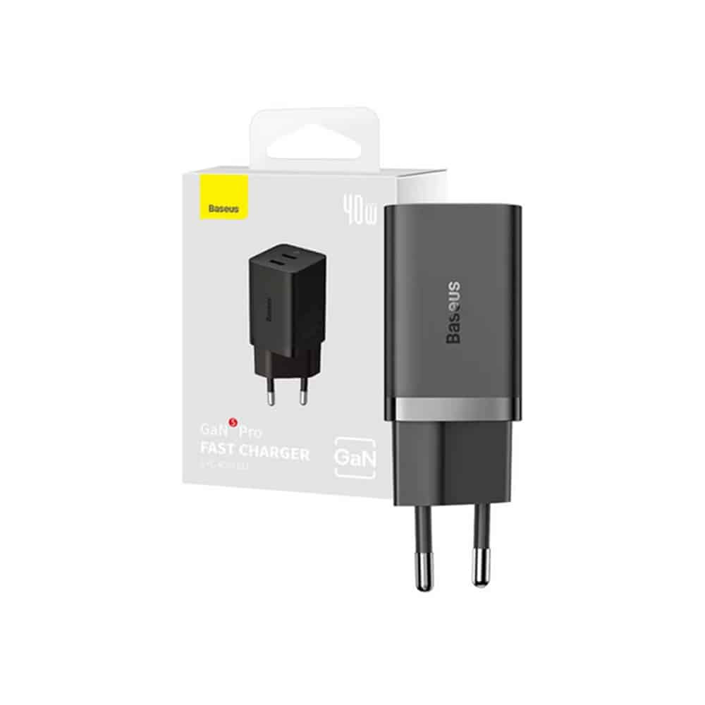 Baseus - stenski polnilec (CCGP180101) - 2x Type-C - GaN - hitro polnjenje - 40W - črn