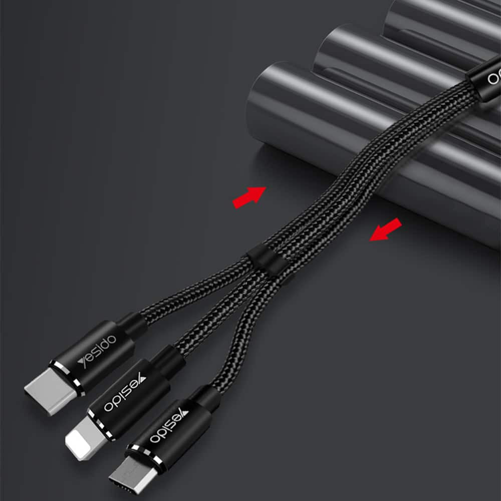 Yesido - Podatkovni kabel (CA-60) - 3v1 USB na Type-C-Lightning - Micro USB 60W 3A 1.2m - črn