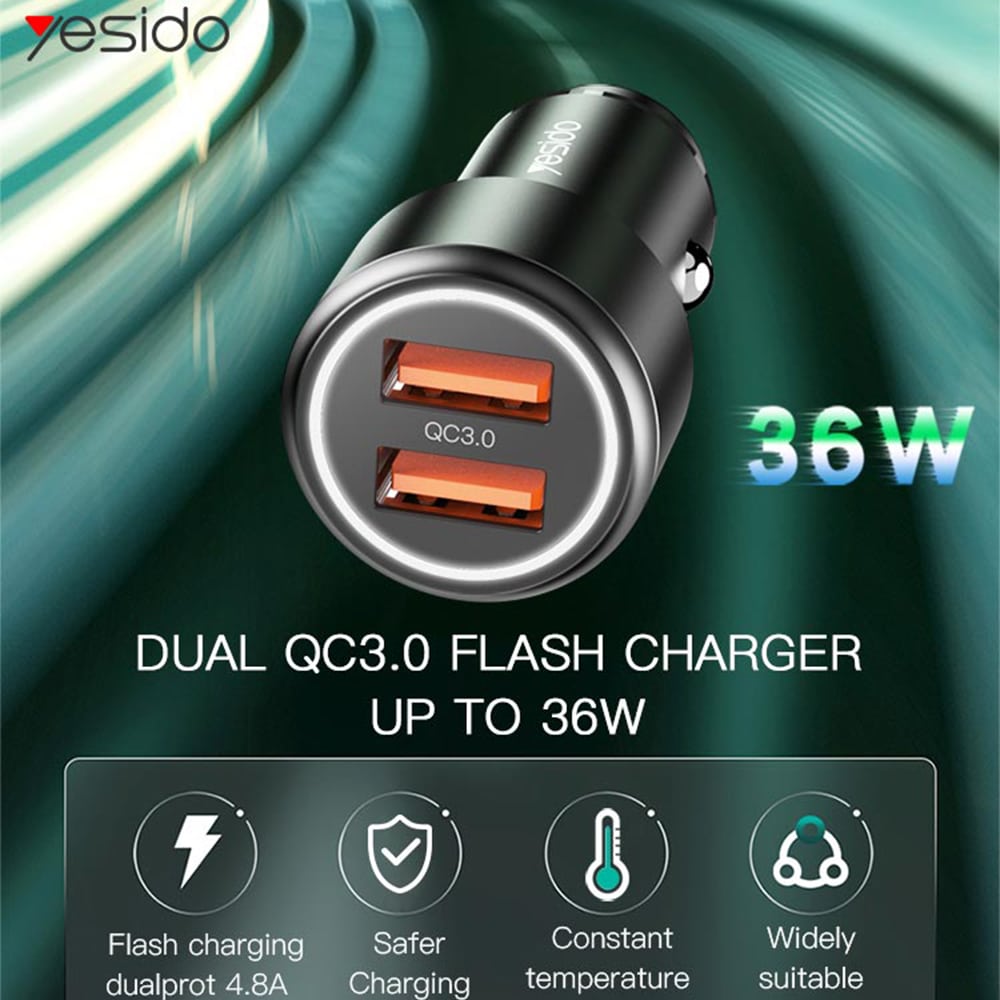 Yesido - Avto polnilec (Y43) - 2xUSB QC 3.0 36W - črn