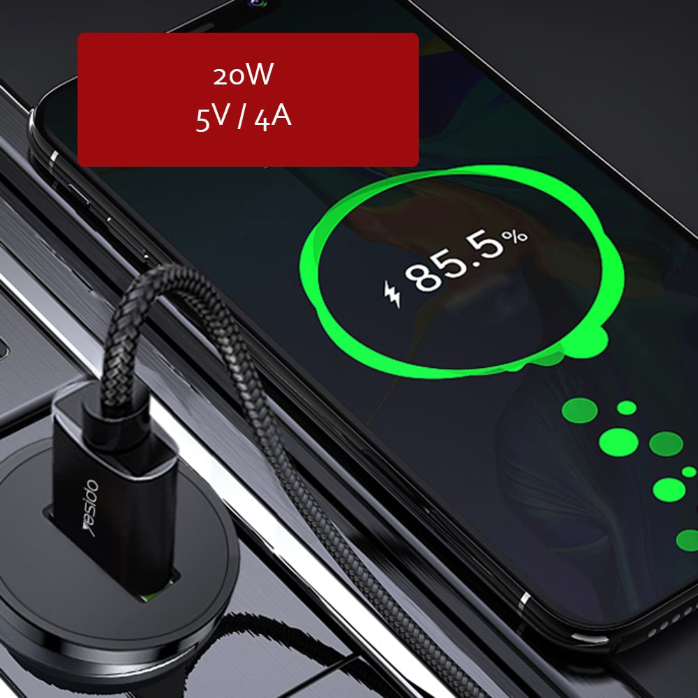 Yesido - Avto polnilec (Y38) - USB, QC3.0, FCP, AFC, 20W, 4A - črn