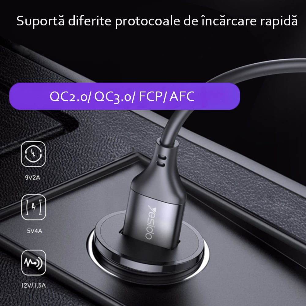 Yesido - Avto polnilec (Y38) - USB, QC3.0, FCP, AFC, 20W, 4A - črn