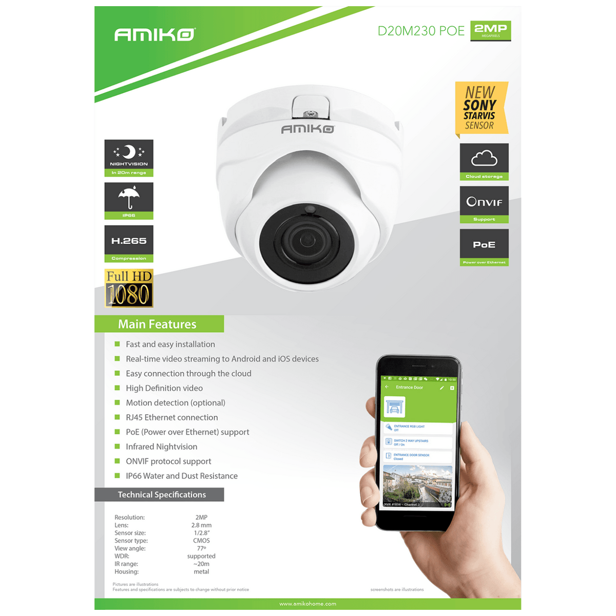 Amiko Home Kamera IP 2 MP, PoE, 1/2.9" SONY Starvis CMOS, HD Lens 2,8mm - D20M230 PoE