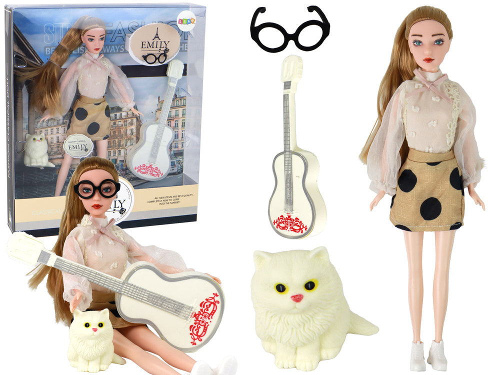 Lutka za igru Emily s bijelom gitarom i mačićem - 30 cm