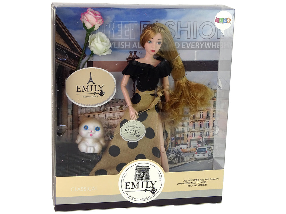 Lutka za igru Emily s dugom kosom i haljinom s crnim točkama - 30 cm