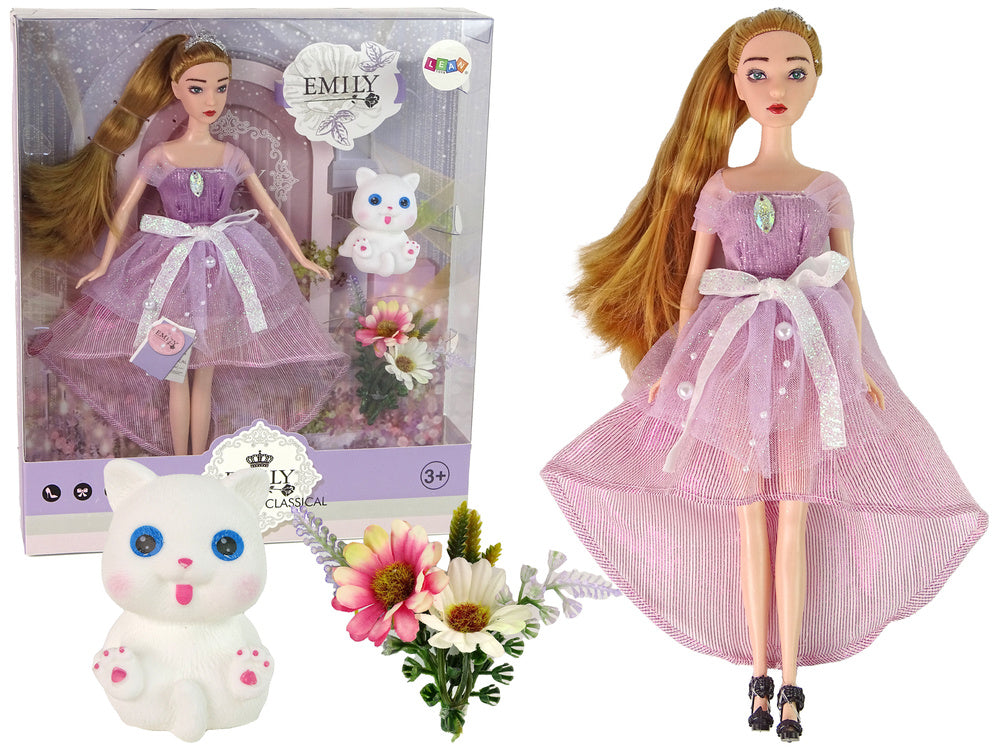 Lutka za igru Emily sa bijelom mačkom i rozom haljinom - 30 cm