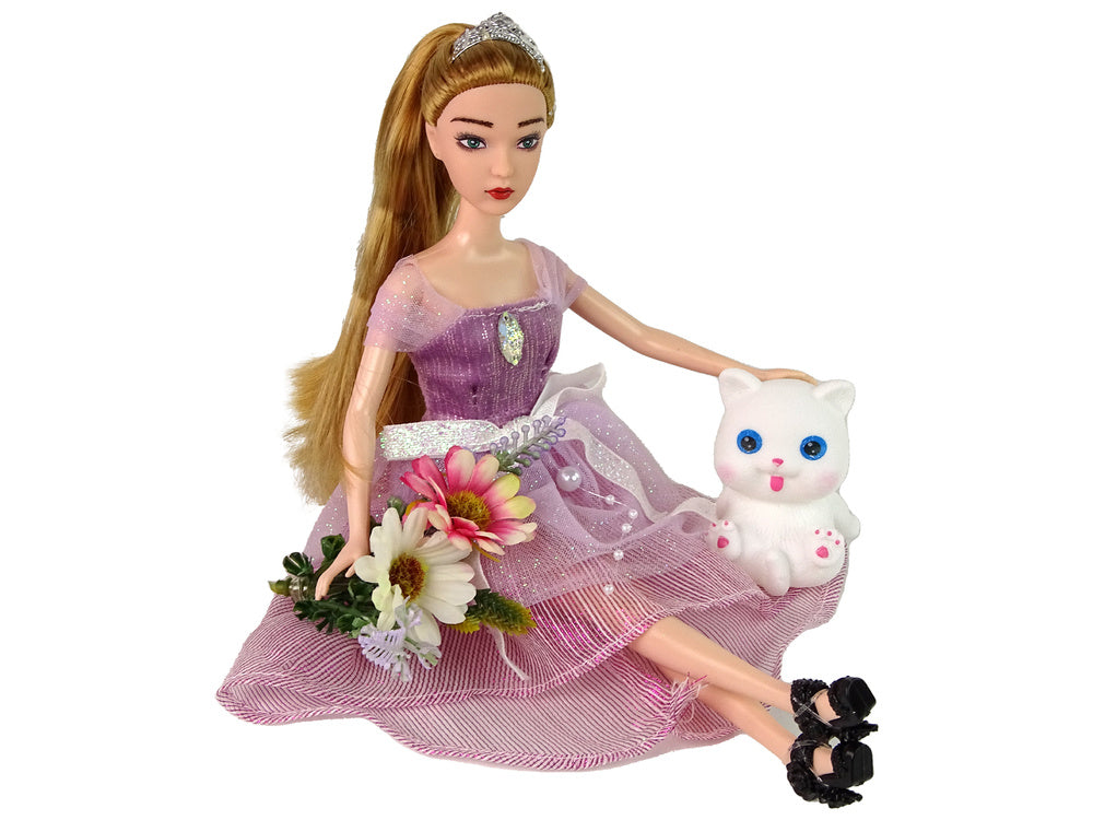 Lutka za igru Emily sa bijelom mačkom i rozom haljinom - 30 cm