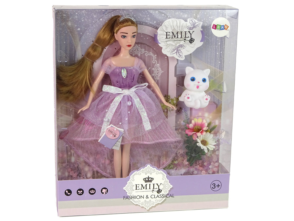 Lutka za igru Emily sa bijelom mačkom i rozom haljinom - 30 cm