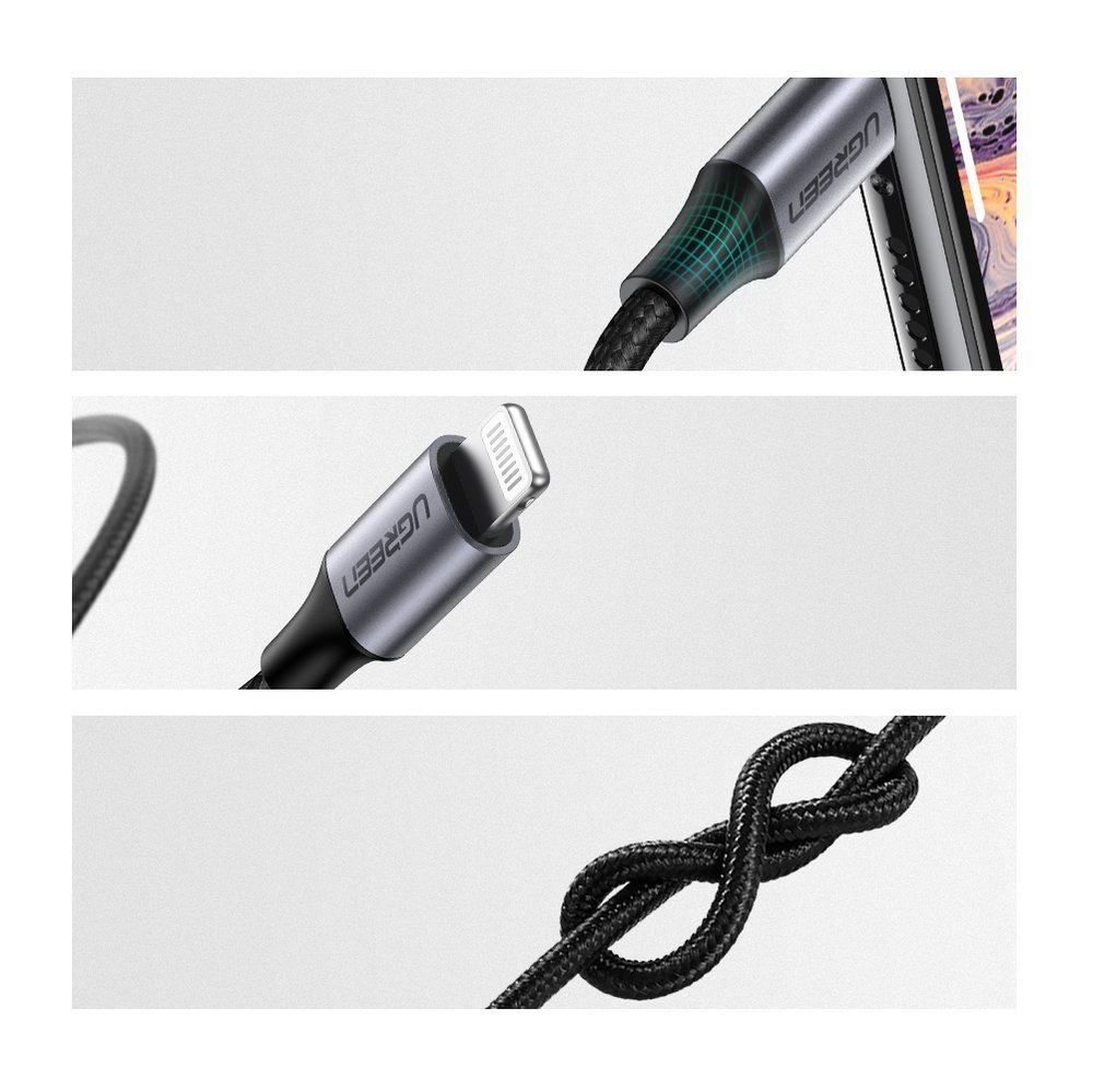 Ugreen - Avdio kabel z aluminijastim ohišjem (70509) - Lightning na Jack 3,5 mm, MFi certificiran, 1 m - črn