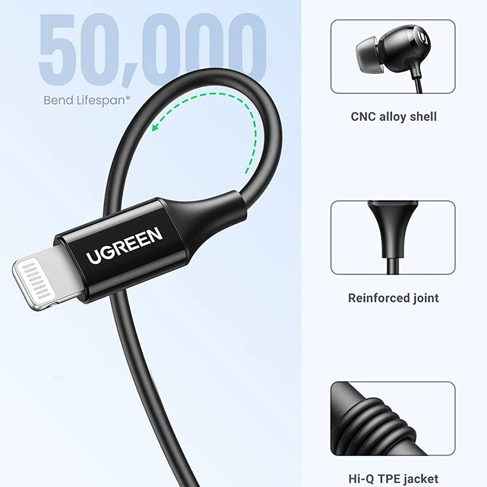 Ugreen – Stereo slušalke (30631) – In-Ear z MFI Lightning priključkom – črne