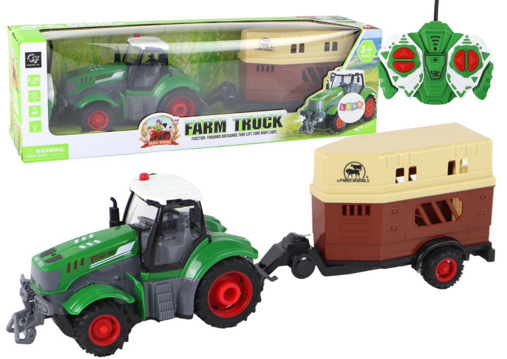 Traktor s prikolicom za životinje na daljinsko upravljanje 1:24 - zeleno/smeđi