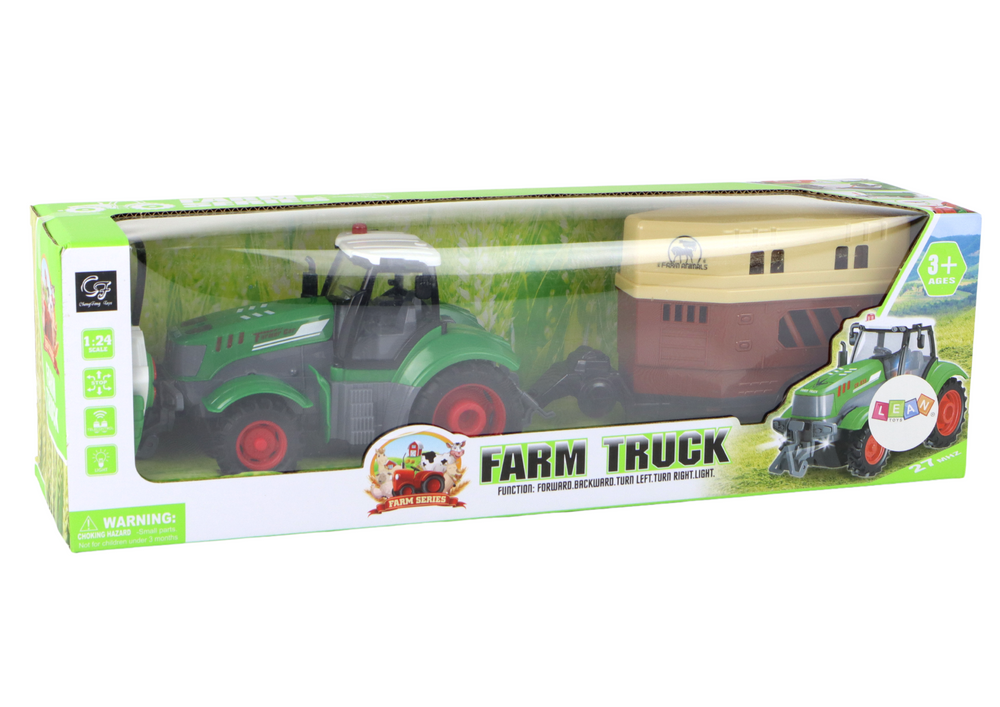 Traktor s prikolicom za životinje na daljinsko upravljanje 1:24 - zeleno/smeđi