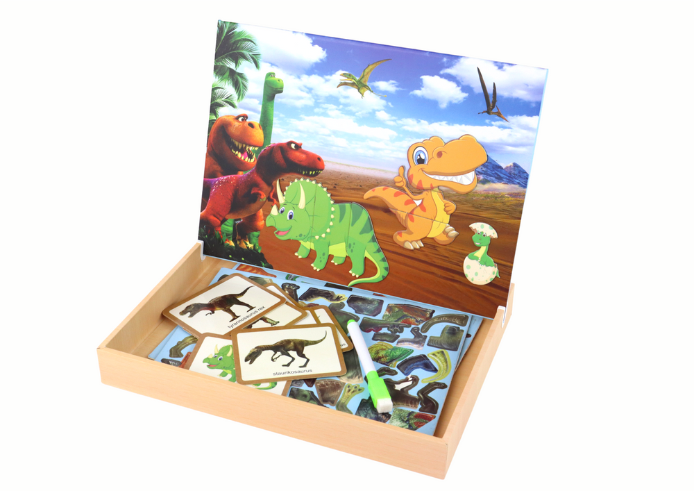 A set of educational magnetic puzzles with dinosaurs