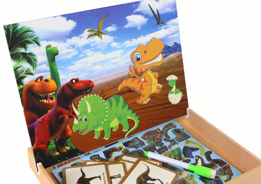 A set of educational magnetic puzzles with dinosaurs
