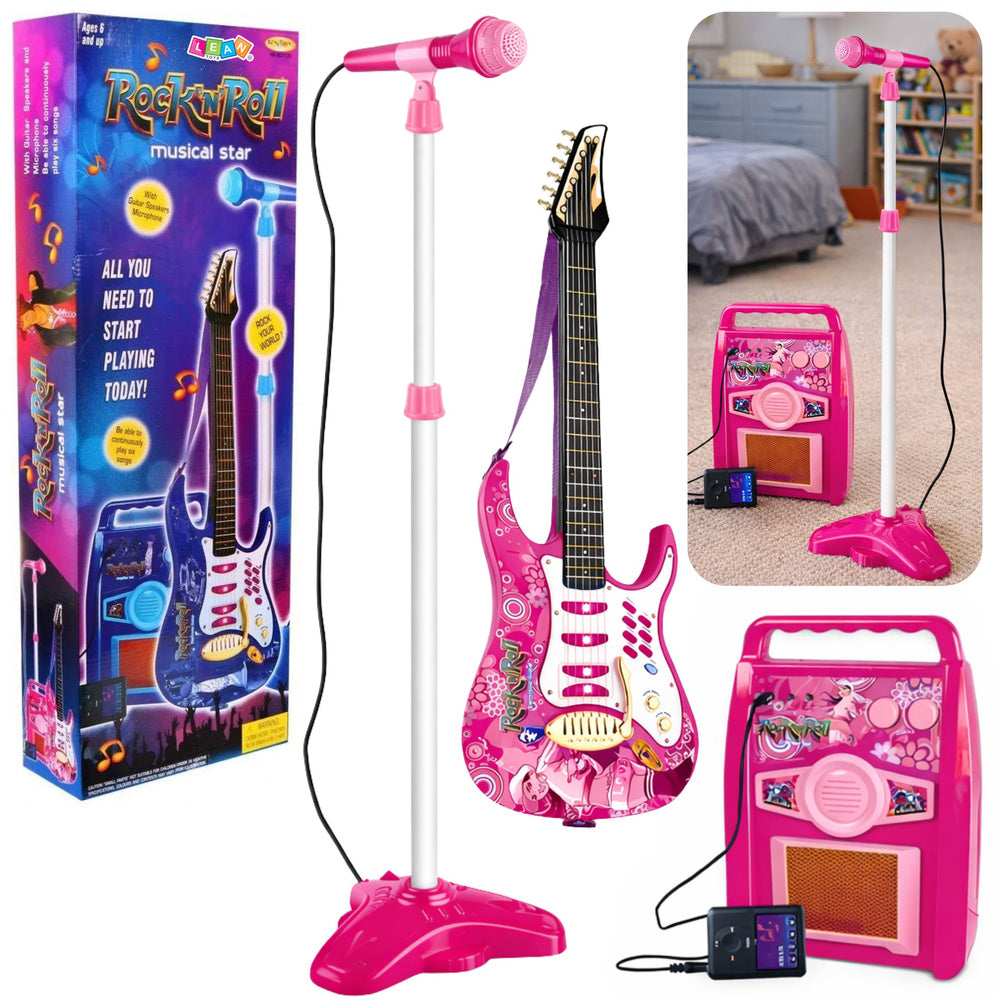 Dječja električna gitara sa pojačalom i mikrofinom Amplifier MP3 Input - roza
