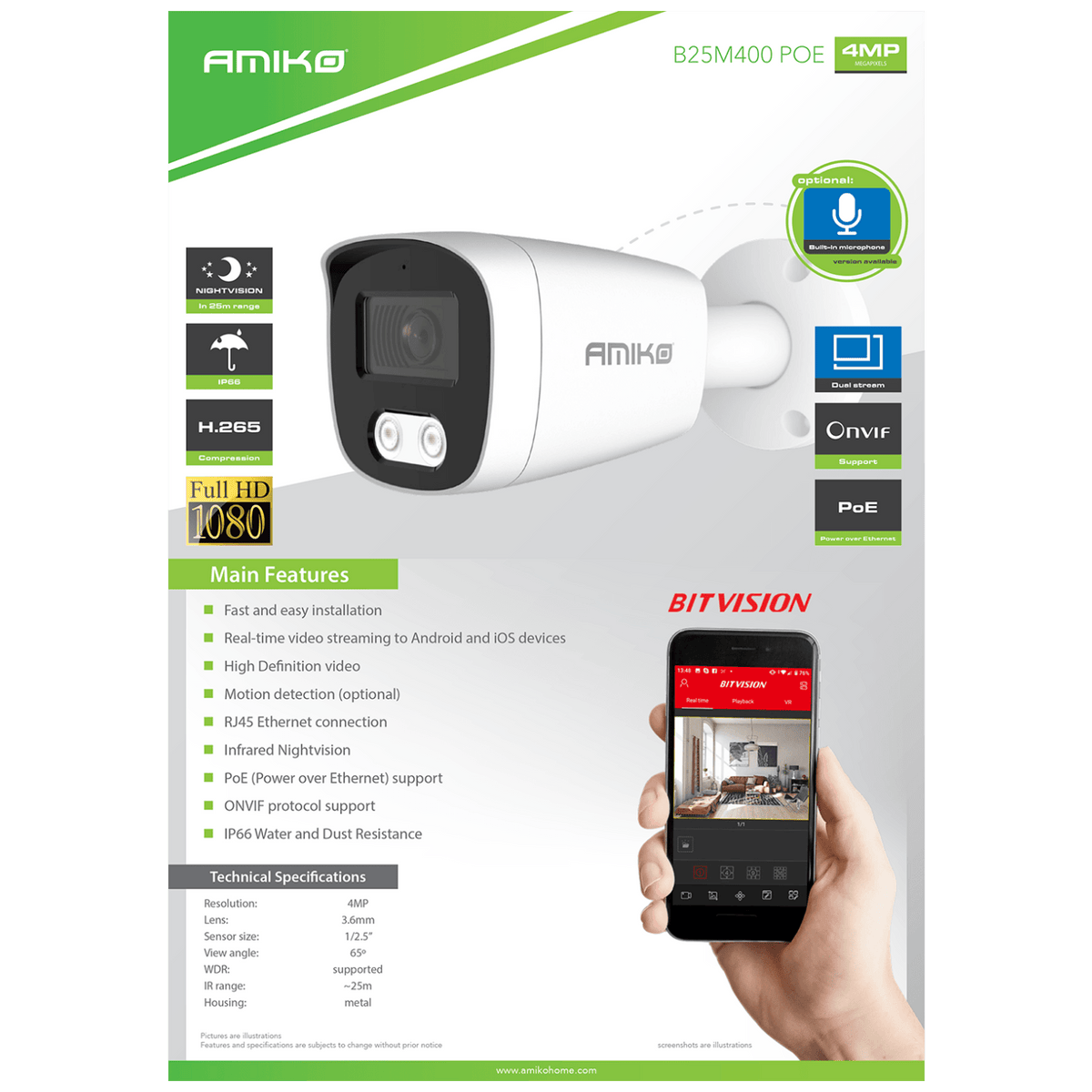 Amiko Home Kamera IP 4MP, PoE, 1/2.5" Fuhan SoC CMOS, 3.6mm, IP66 - B25M400 POE