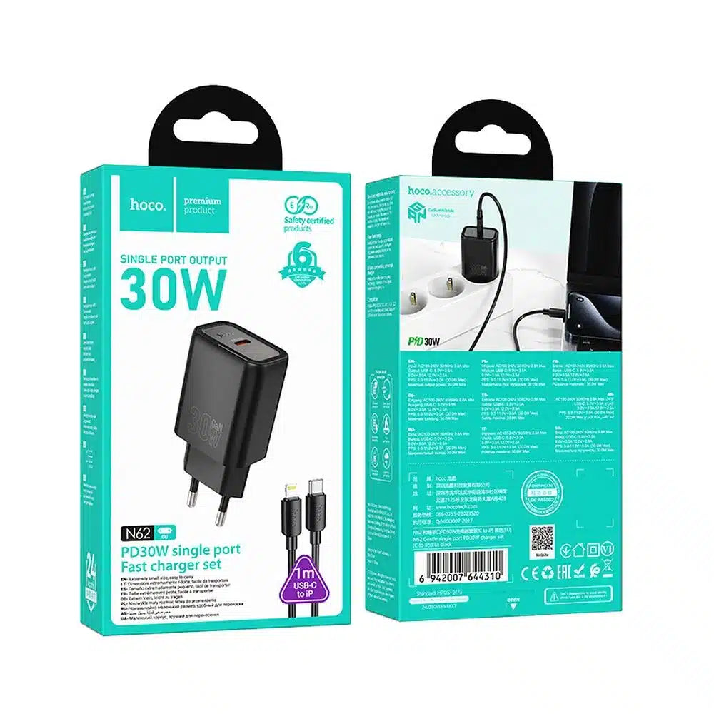 HOCO Type-C stenski polnilec + Type-C kabel na Lightning PD QC 30W N62 črn