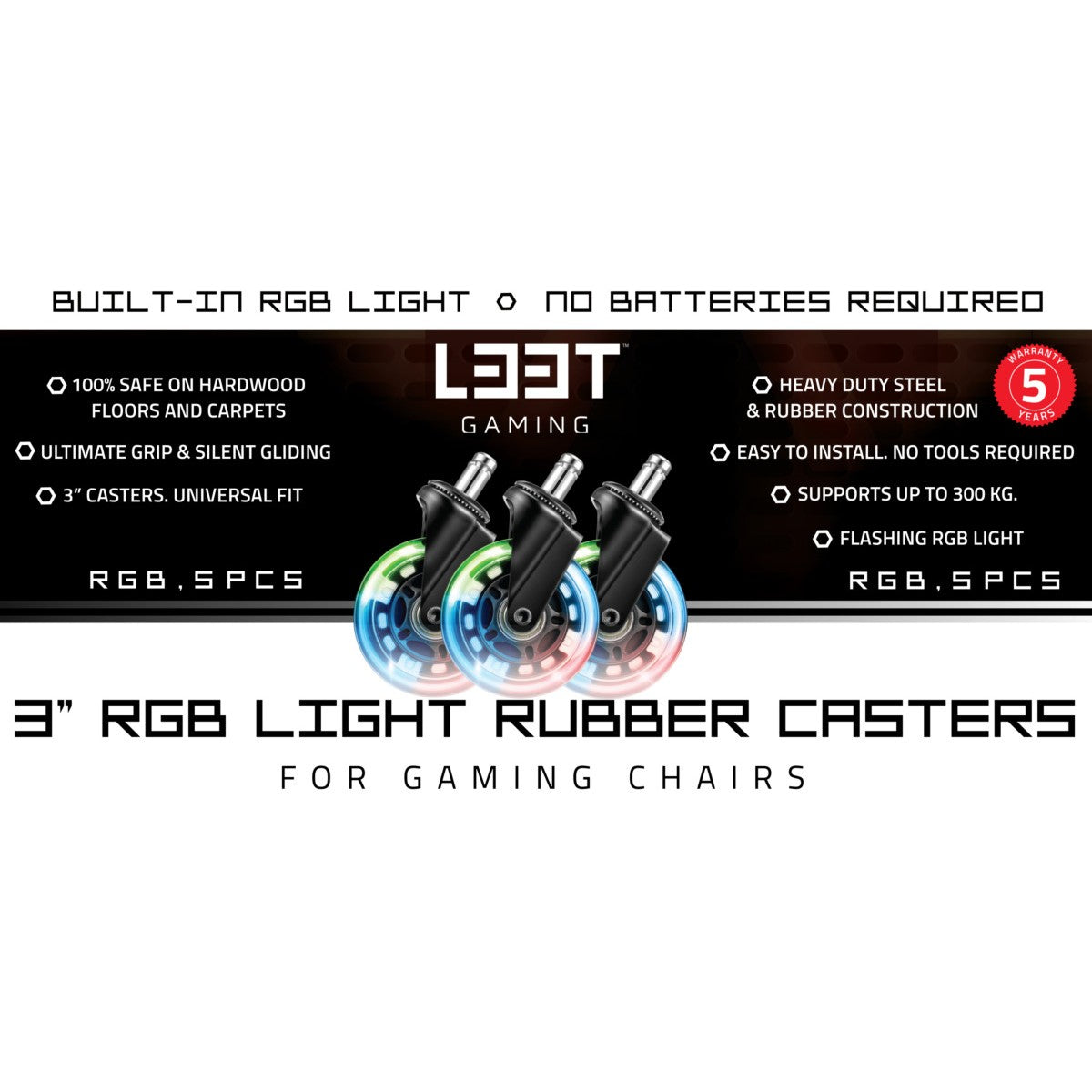 L33t Gaming 3" Gumeni Kotači za stolicu , Svjetlucajuči, 5 komada u paketu