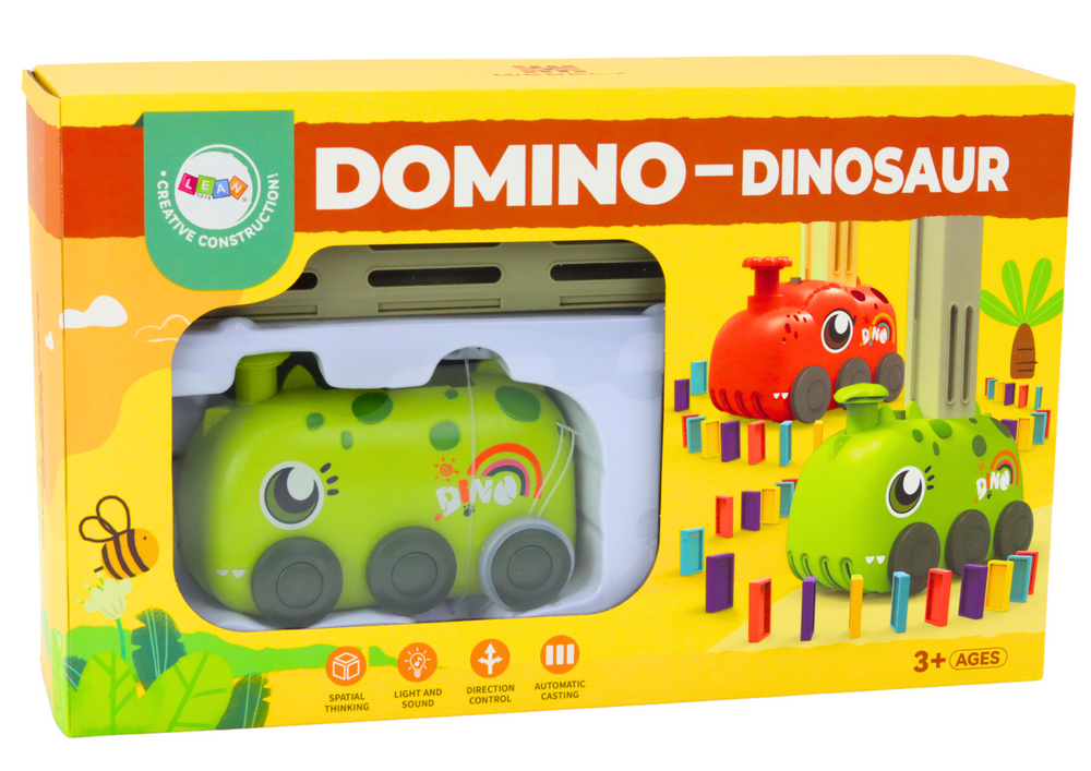 Automobil s dinosaurima na baterije koji slaže šarene domino kocke u 4 boje blokova