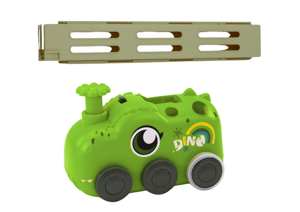 Automobil s dinosaurima na baterije koji slaže šarene domino kocke u 4 boje blokova