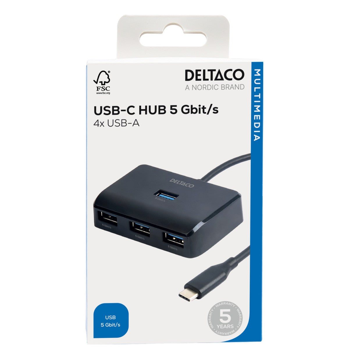 DELTACO USB-C hub with 4-ports, 5 Gbit/s, extra power input, black