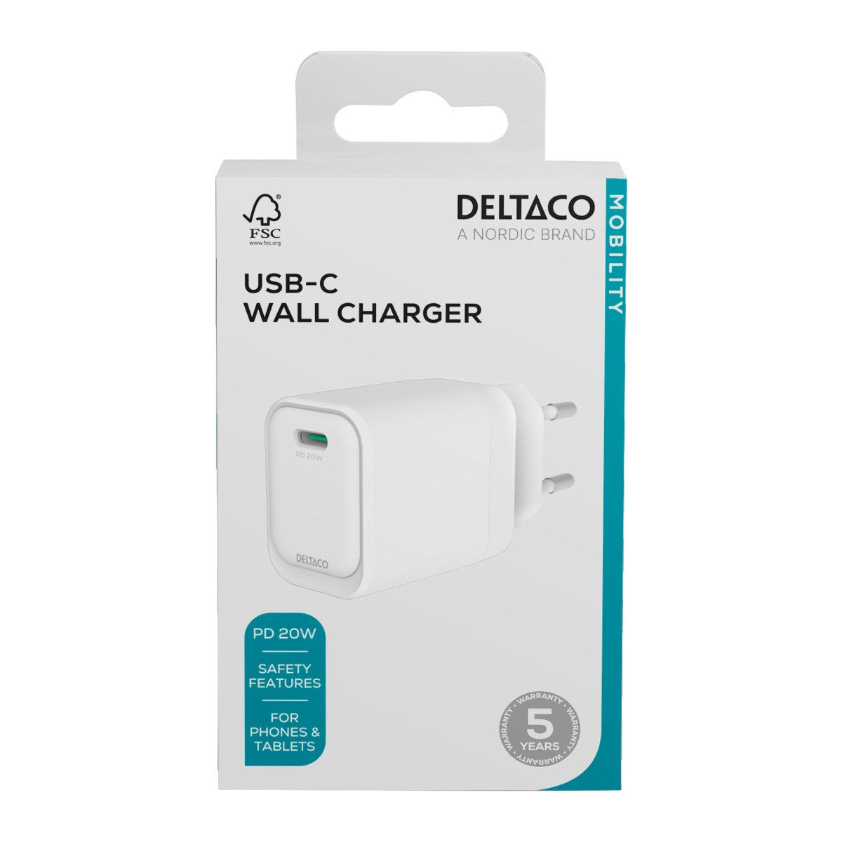 DELTACO Kućni punjač USB-C, 1x USB-C PD, 20 W, BIJELI