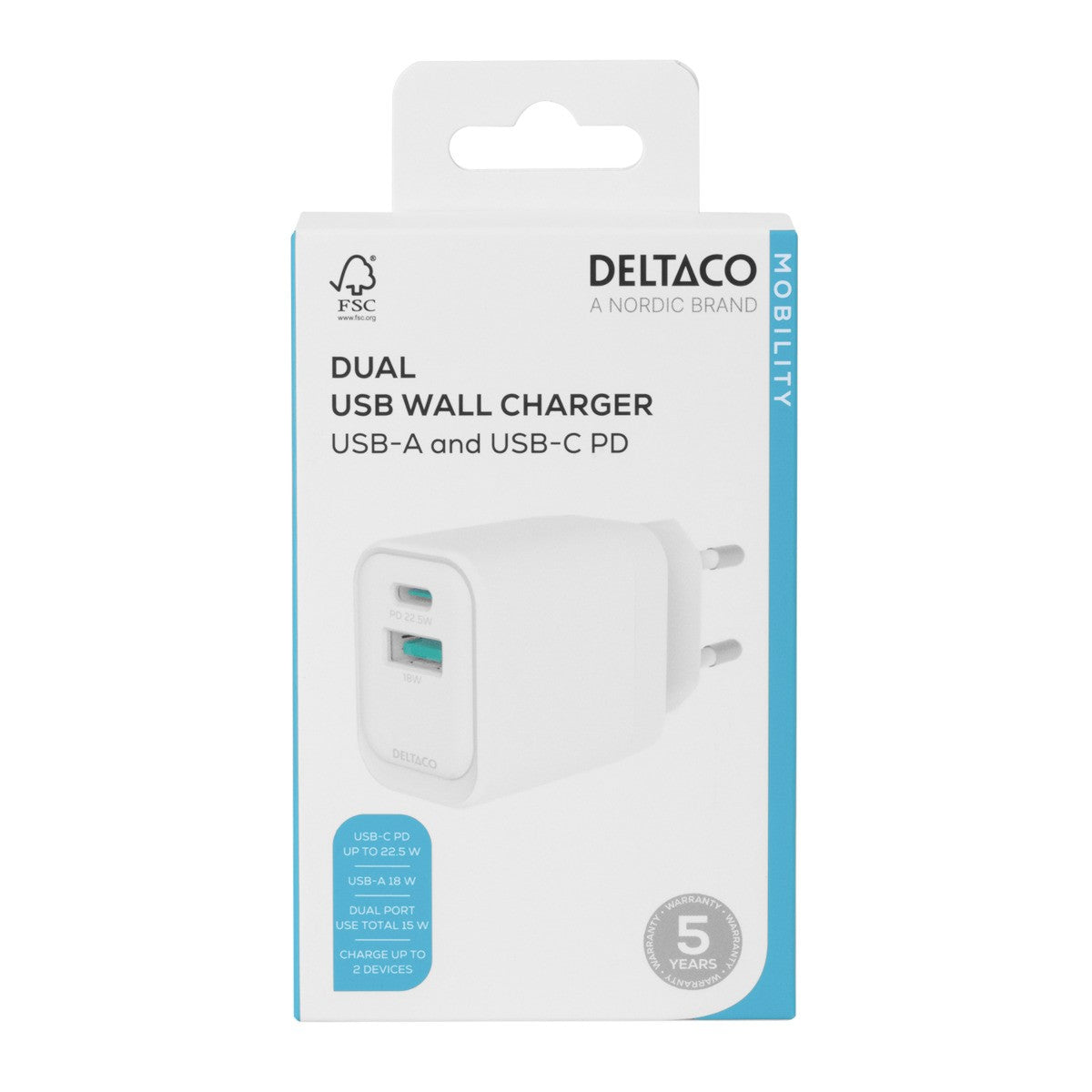 DELTACO Kućni punjač 1x USB-A 18 W, 1x USB-C PD 20 W, BIJELI
