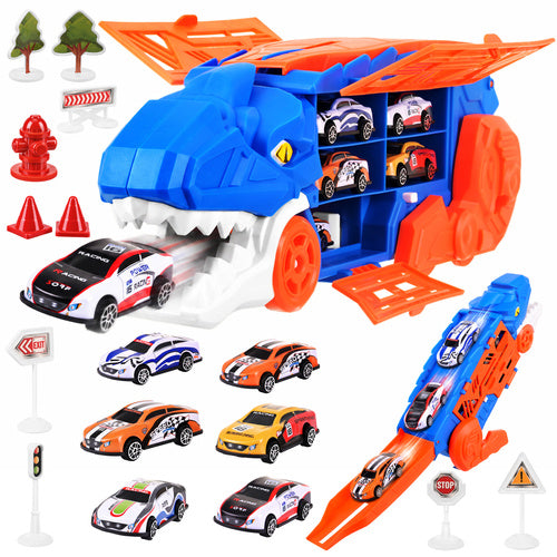 5-u-1 T-Rex kamion – prikolica + trkaća staza + bacač + skladište + 6 automobila