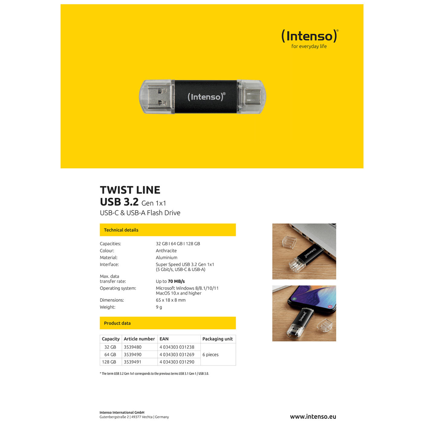 (Intenso) USB Flash drive 128GB, USB 3.2, USB-C, USB-A, Twist Line - USB3.2-128GB/Twist Line