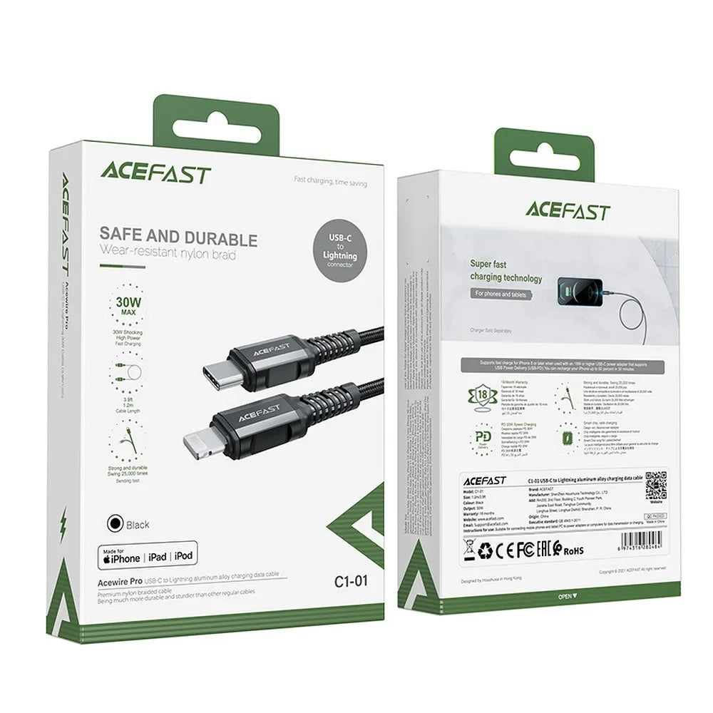 ACEFAST kabel tipa C za iPhone Lightning 8-pin MFi 3A PD30W aluminijasta zlitina C1-01 1,2 m črna