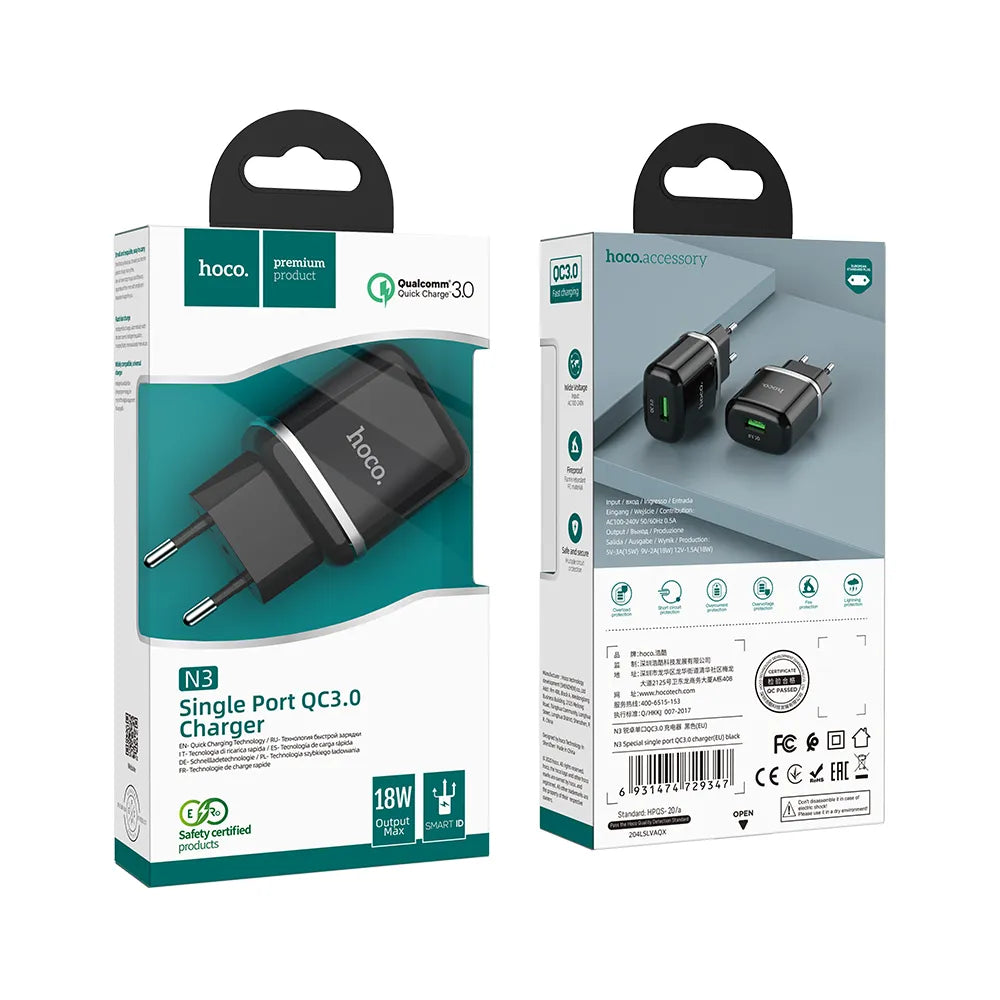 HOCO USB A QC3.0 3A 18W N3 crni zidni punjač