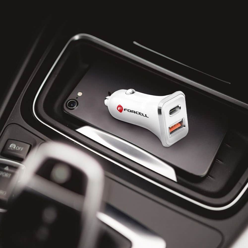 FORCELL avtopolnilec USB 3.0 + USB C hitro polnjenje + Power Delivery PD20W 4A CC-QCPD01 bel