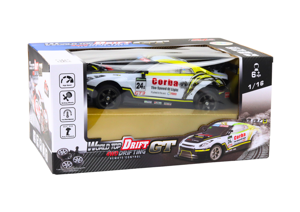 Auto na daljinsko upravljanje Sports Car 1:16 Drift sa promjenjivim kotačima – bijelo/žuti