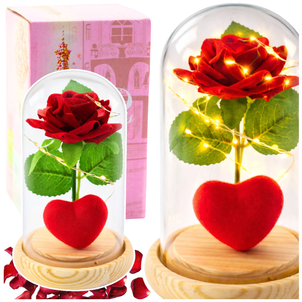 Eternal Rose in Dome with LED Lighting Red with Heart 14x8cm