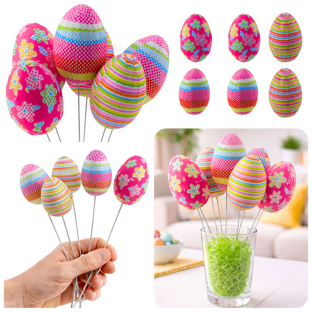 Easter Eggs on Wire Pick Dots Flowers Stripes Decoration Colorful 6pcs