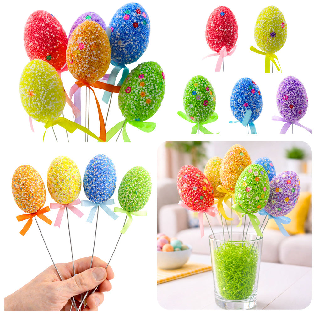 Easter Eggs On A Wire Pick Colorful White Patterns Ribbon Decoration 6pcs