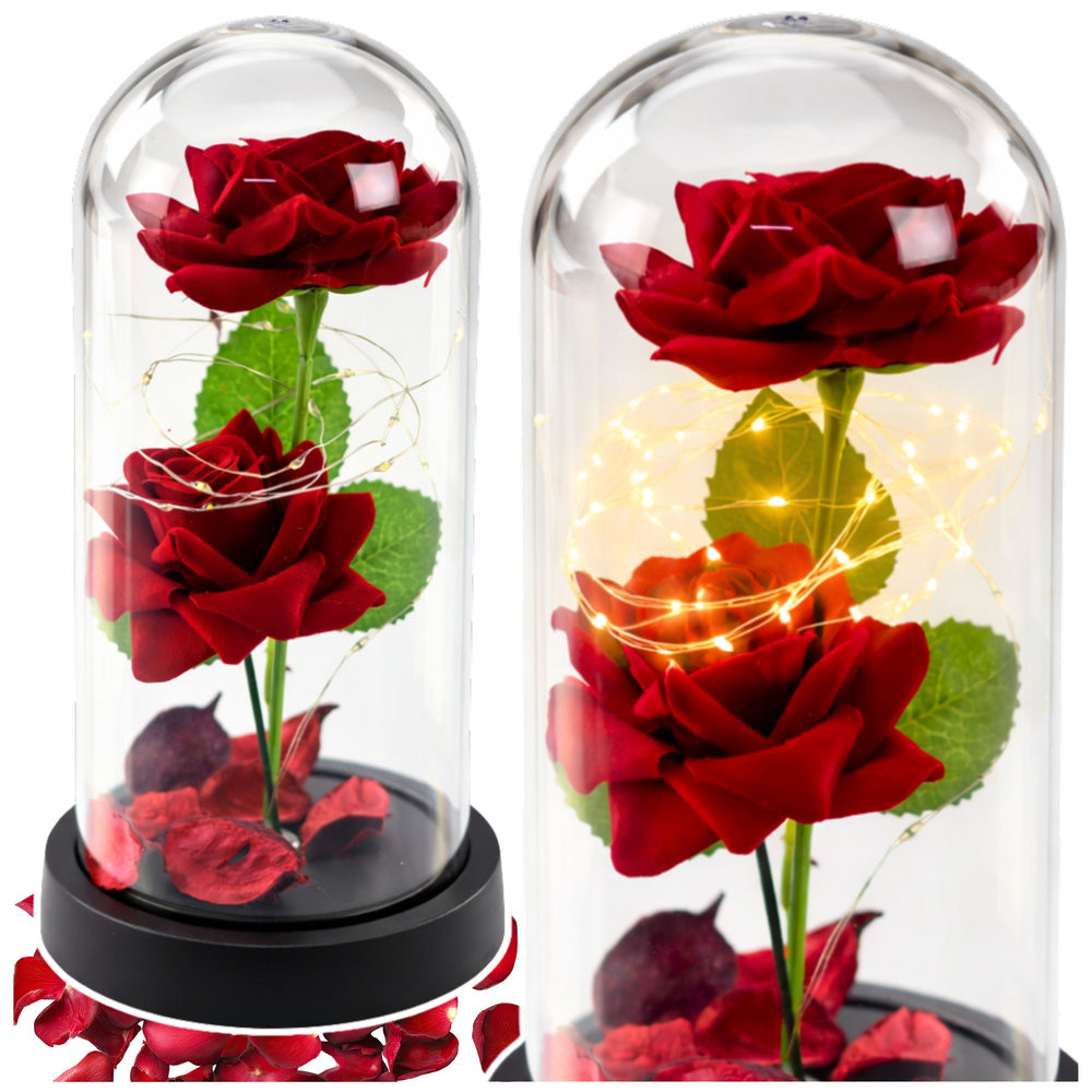 Eternal 2 Roses in Dome with LED Lighting and Rose Petals Red 21x11cm