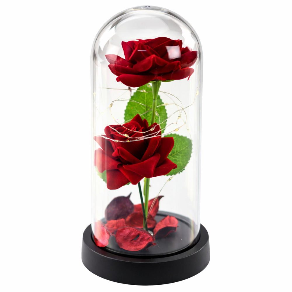 Eternal 2 Roses in Dome with LED Lighting and Rose Petals Red 21x11cm