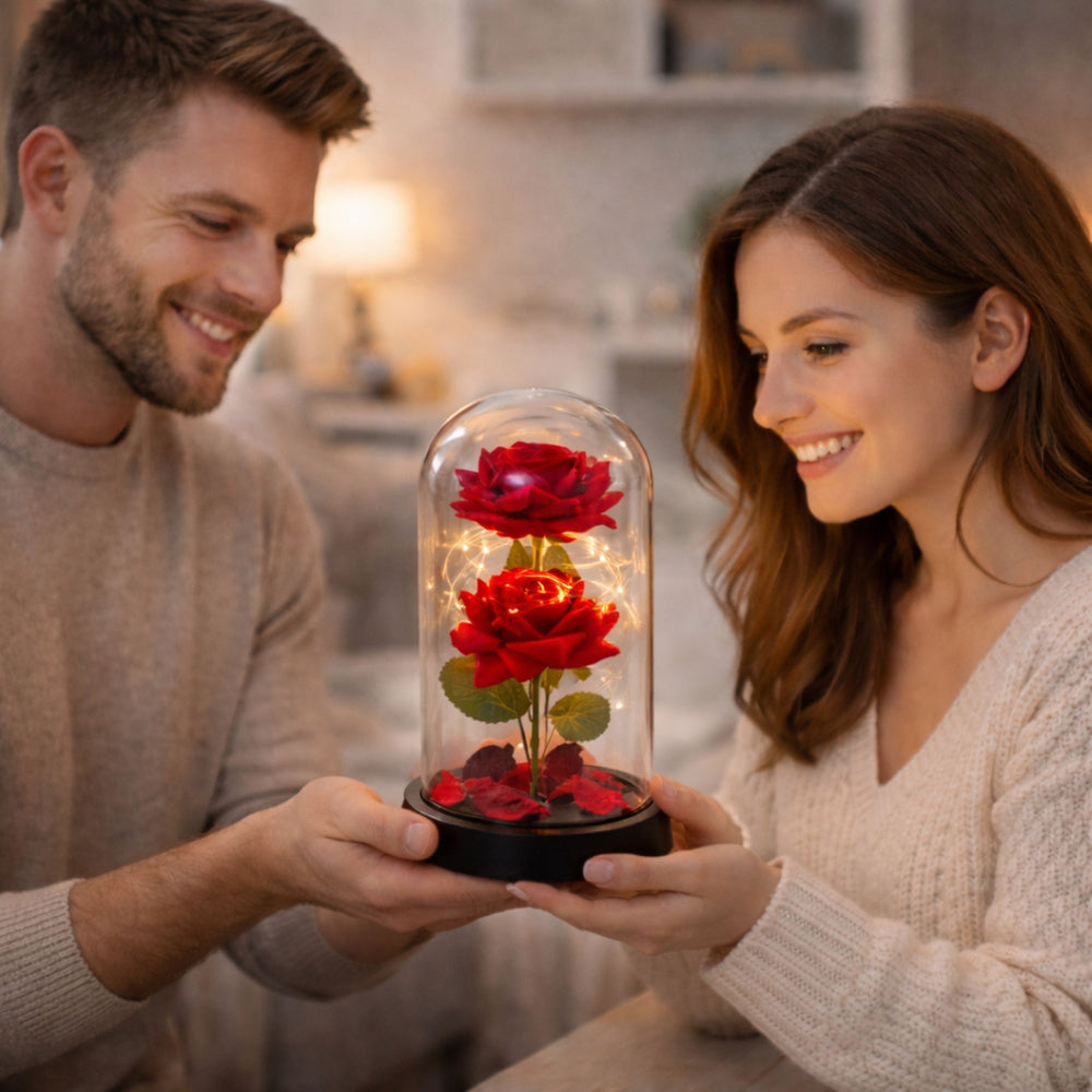 Eternal 2 Roses in Dome with LED Lighting and Rose Petals Red 21x11cm