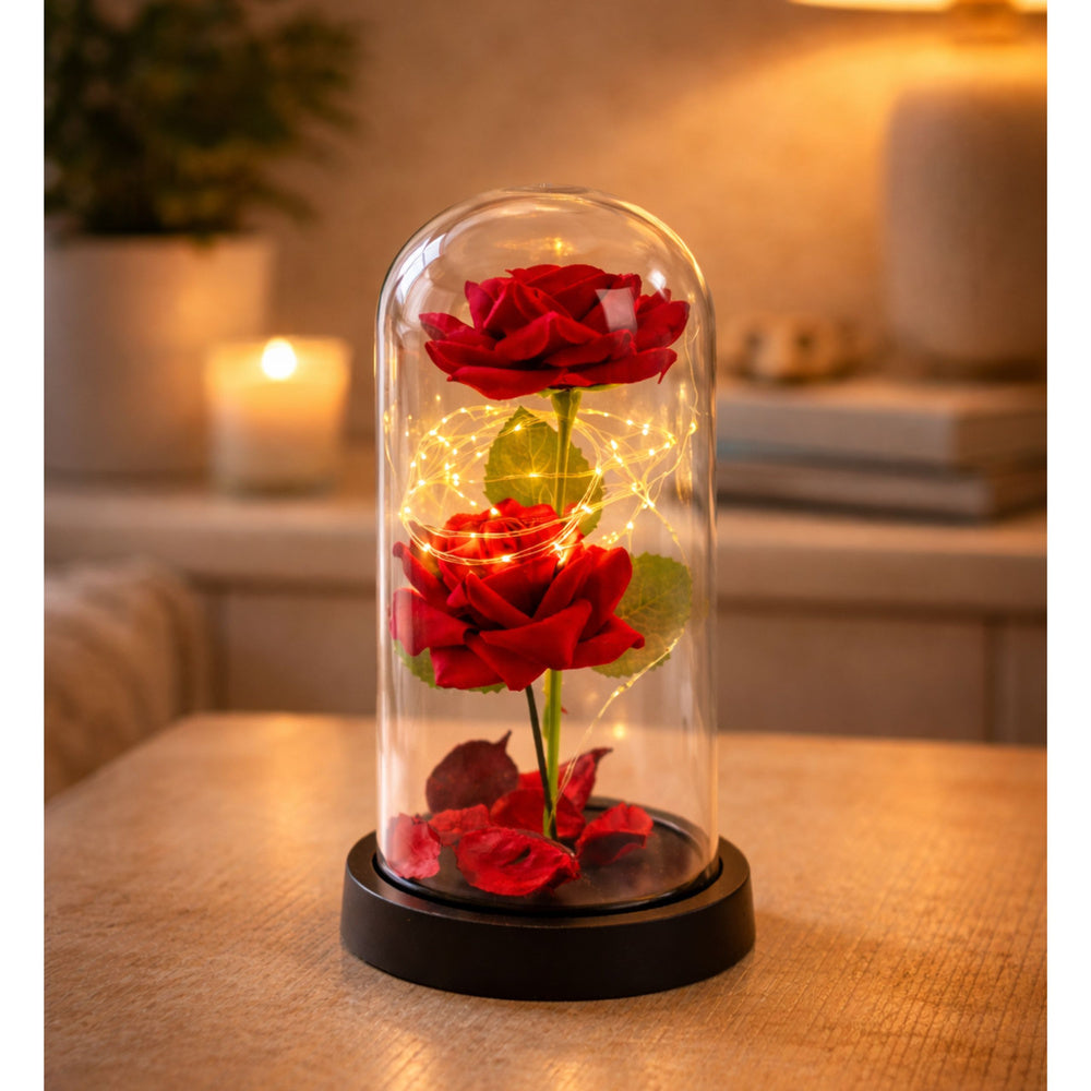 Eternal 2 Roses in Dome with LED Lighting and Rose Petals Red 21x11cm