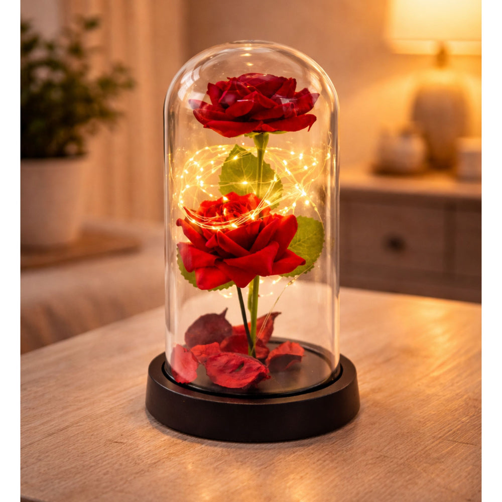 Eternal 2 Roses in Dome with LED Lighting and Rose Petals Red 21x11cm