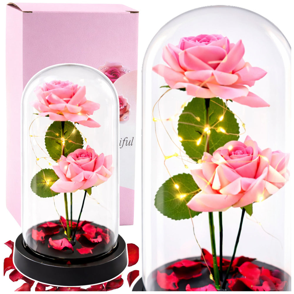 Eternal Roses in Dome with LED Lighting and Rose Petals Pink 21x11cm