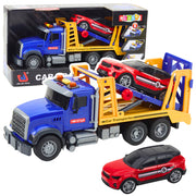 Kamion tegljač s žutom prikolicom i crvenim autom za igru 2u1