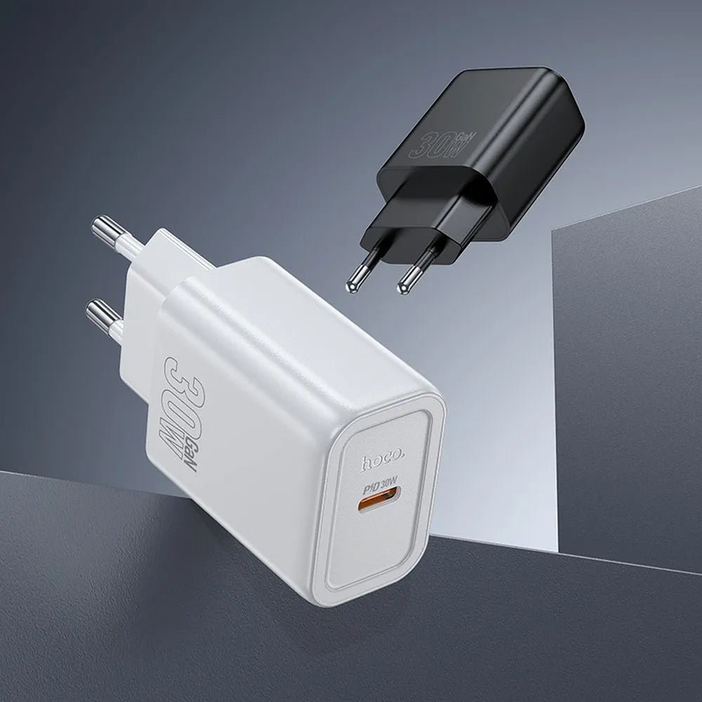 Hoco USB-C QC PD 30W stenski polnilec za telefon + USB-C na Lightning kabel N62 bel