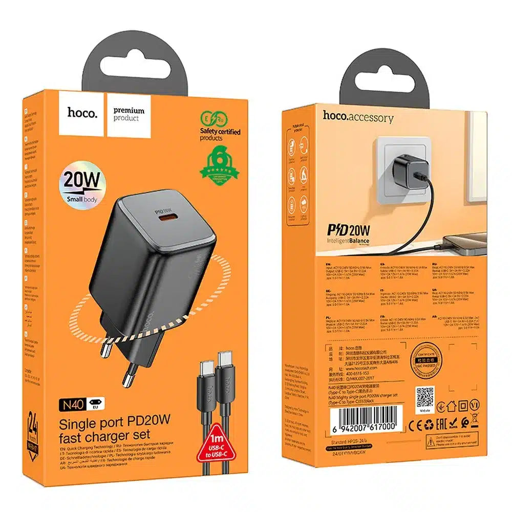 HOCO stenski polnilec tipa C + kabel tipa C v tip C QC PD 20W N40 črn