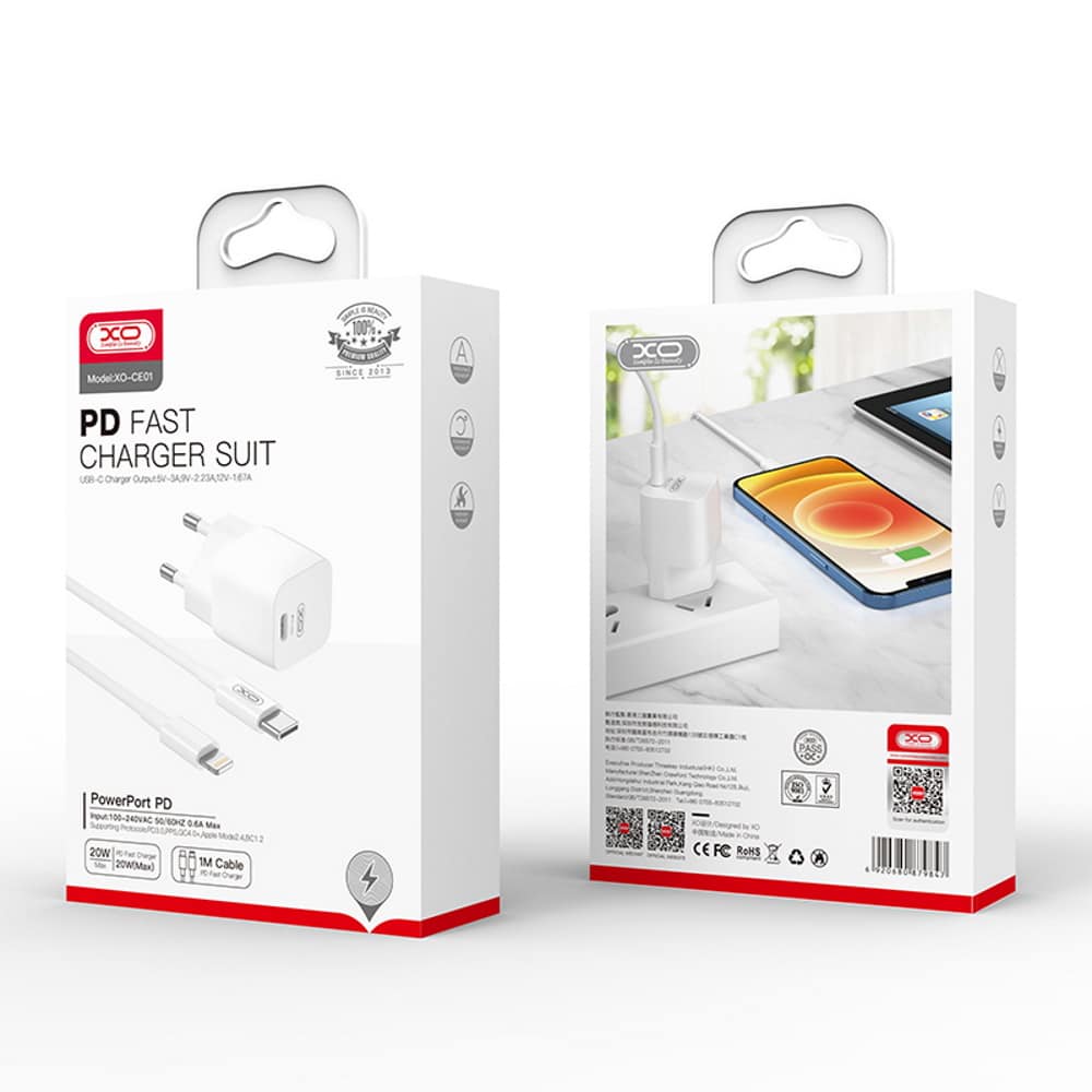 XO stenski polnilec CE01B PD 20W 1x USB-C bel + kabel USB-C - Lightning