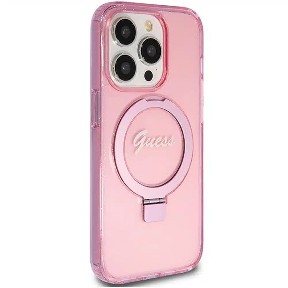 Originalna torbica GUESS Hardcase GUHMP15XHRSGSP za iPhone 15 Pro Max (Magsafe / bleščeč logotip / stojalo z obročkom / roza)