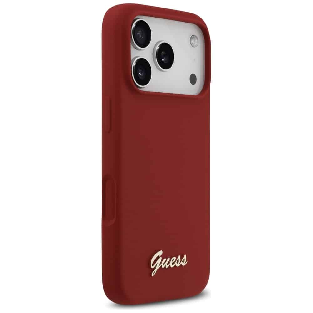 Guess MagSafe ovitek s kovinskim logotipom in napisom (GUHMP17LSMBSLM) za iPhone 17 Pro - magenta