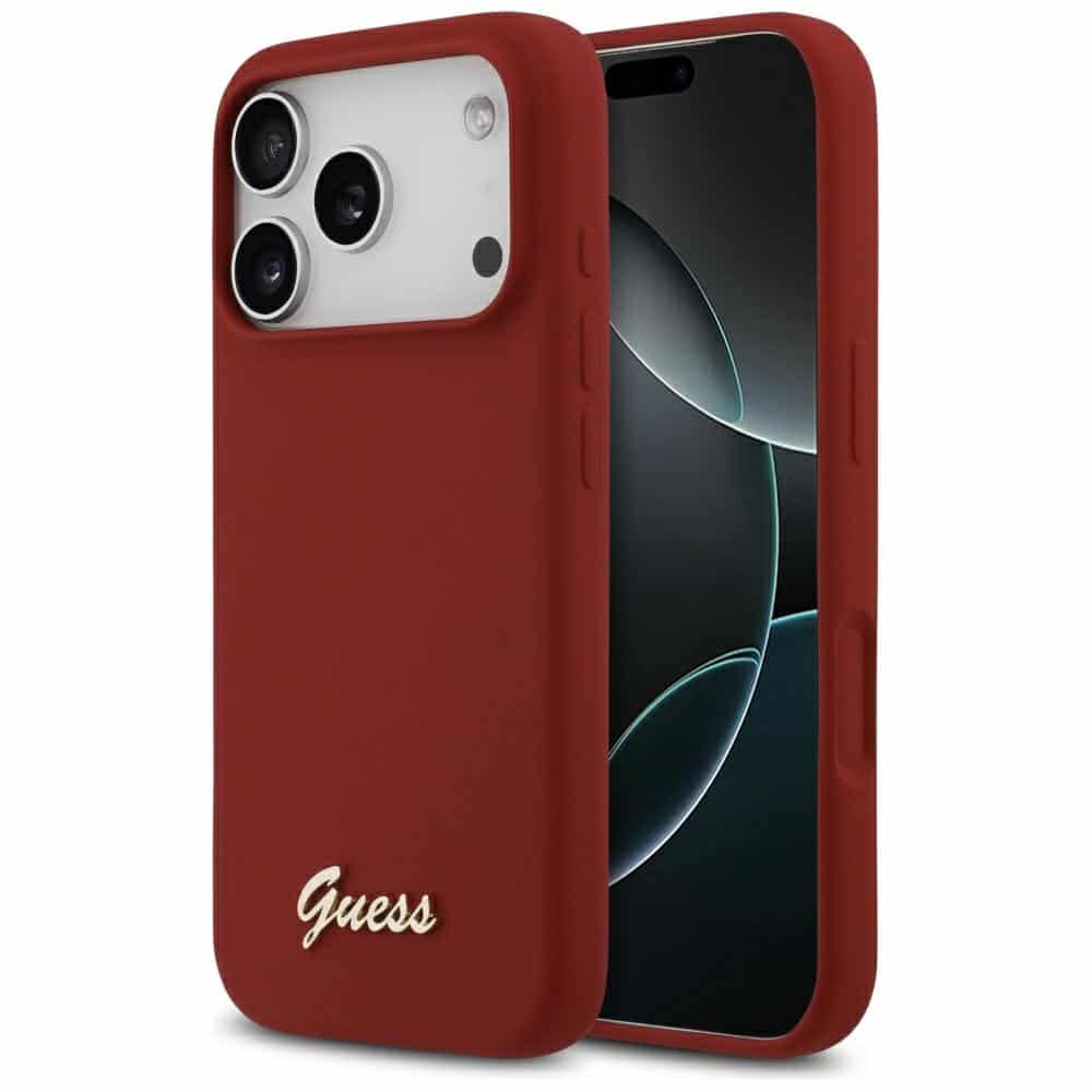 Guess MagSafe maska s kovinskim logotipom in napisom (GUHMP17XSMBSLM) za iPhone 17 Pro Max – magenta
